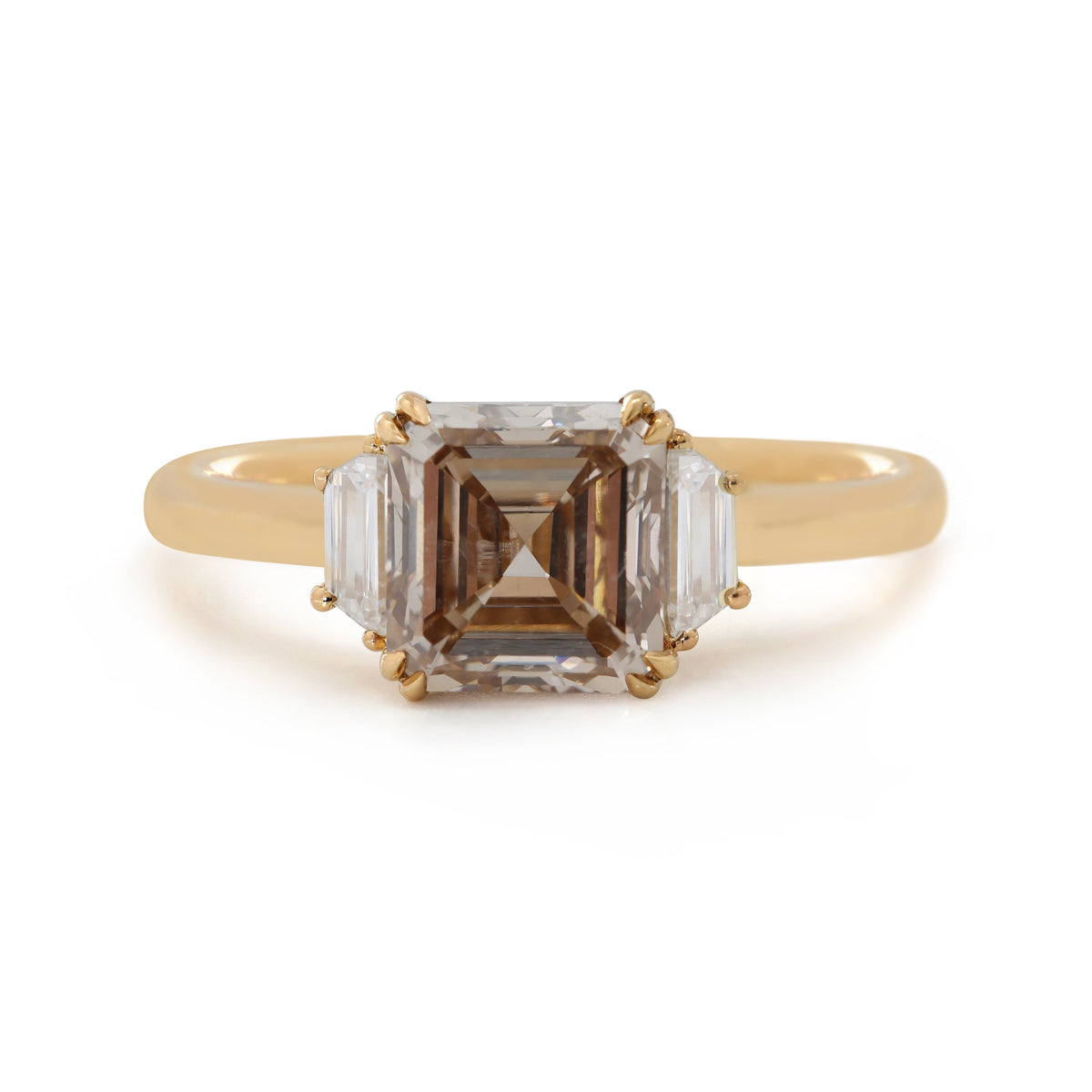 14K Yellow Gold 1.74ct Asscher Cut Brown Lab Diamond Double Claw Prongs Three-stone Ring with Two Trapezoid Diamonds