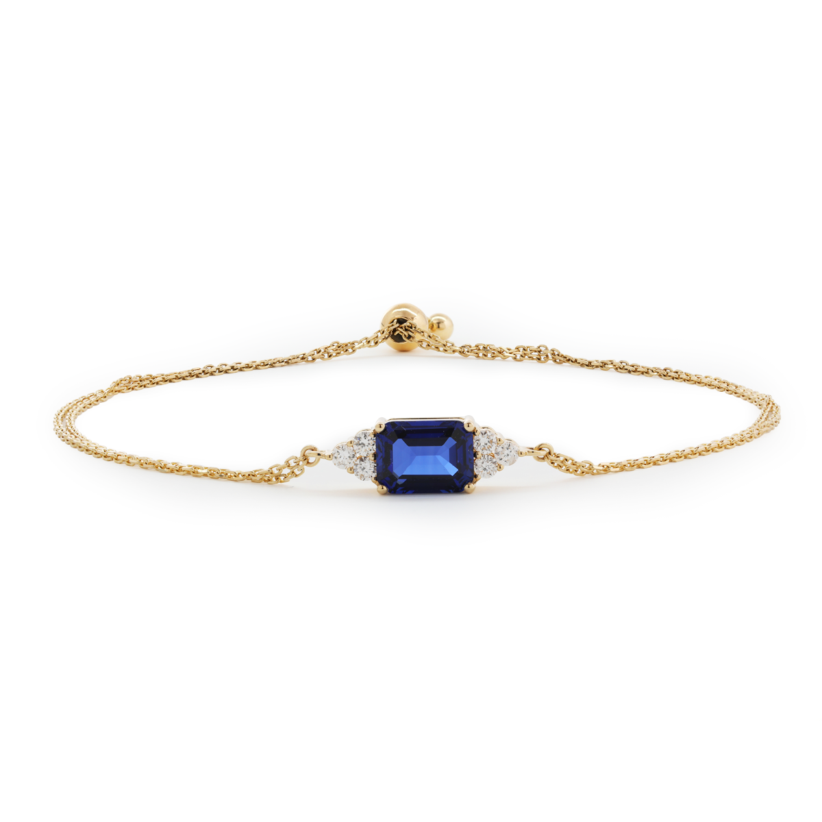 14K Yellow Gold 2ct Royal Blue Lab Sapphire Chain Bracelet with Round Lab Diamond Side-stones