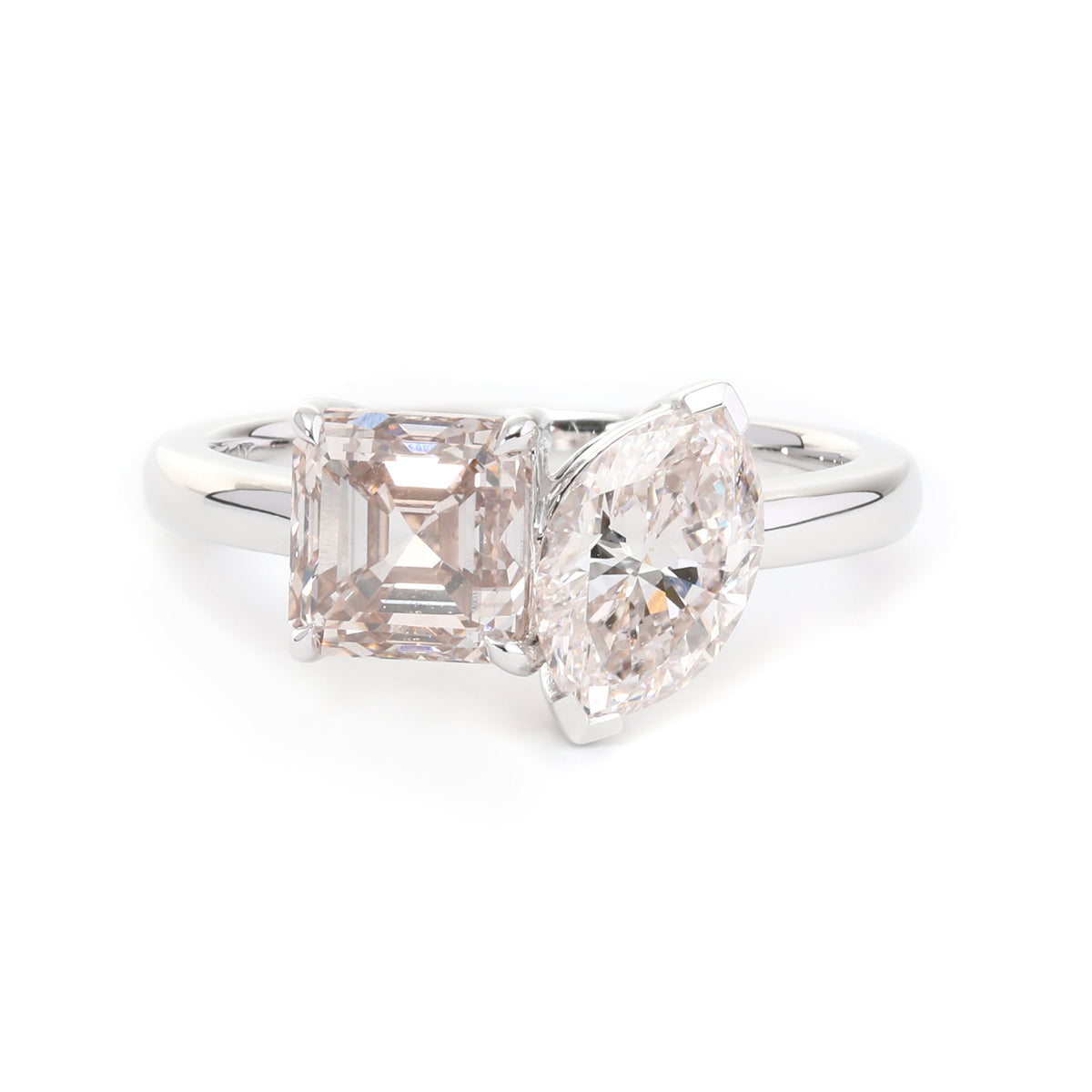 14K Yellow Gold Marquise Cut and Asscher Cut Lab Diamond Toi et Moi Ring Platinum 1.5ct asscher cut & 1ct marquise cut DEF VS