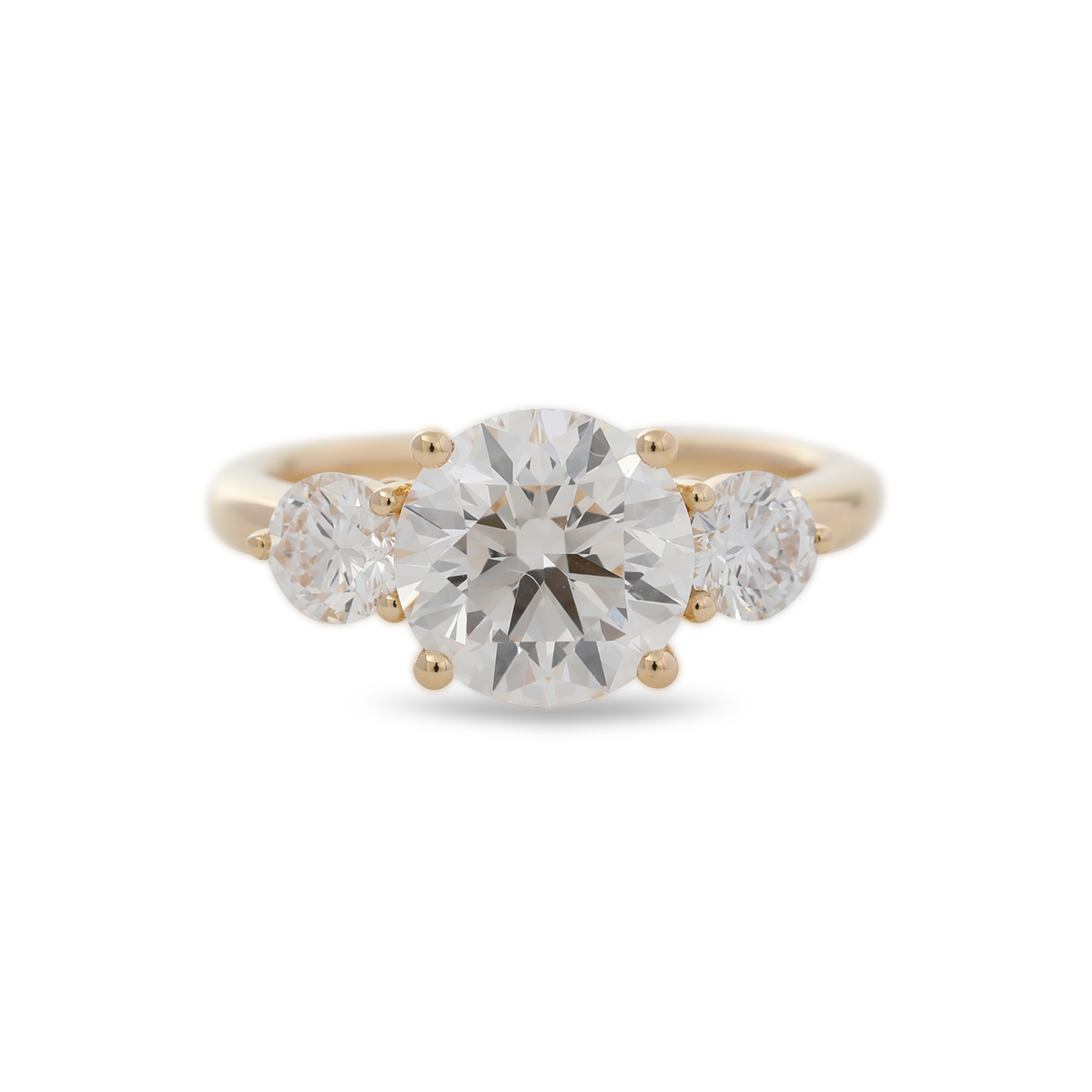 18K Yellow Gold 2.5ct Round Lab Diamond Round Prong Basket Three-stone Engagement Ring with Two Ring Enhancers in Bridal Ring Set Design