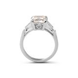 14K White Gold 3ct Old Mine Cut Lab Diamond Art Deco Style Vintage Engraved Three-stone Ring with Tapered Baguette Cut Side Stones