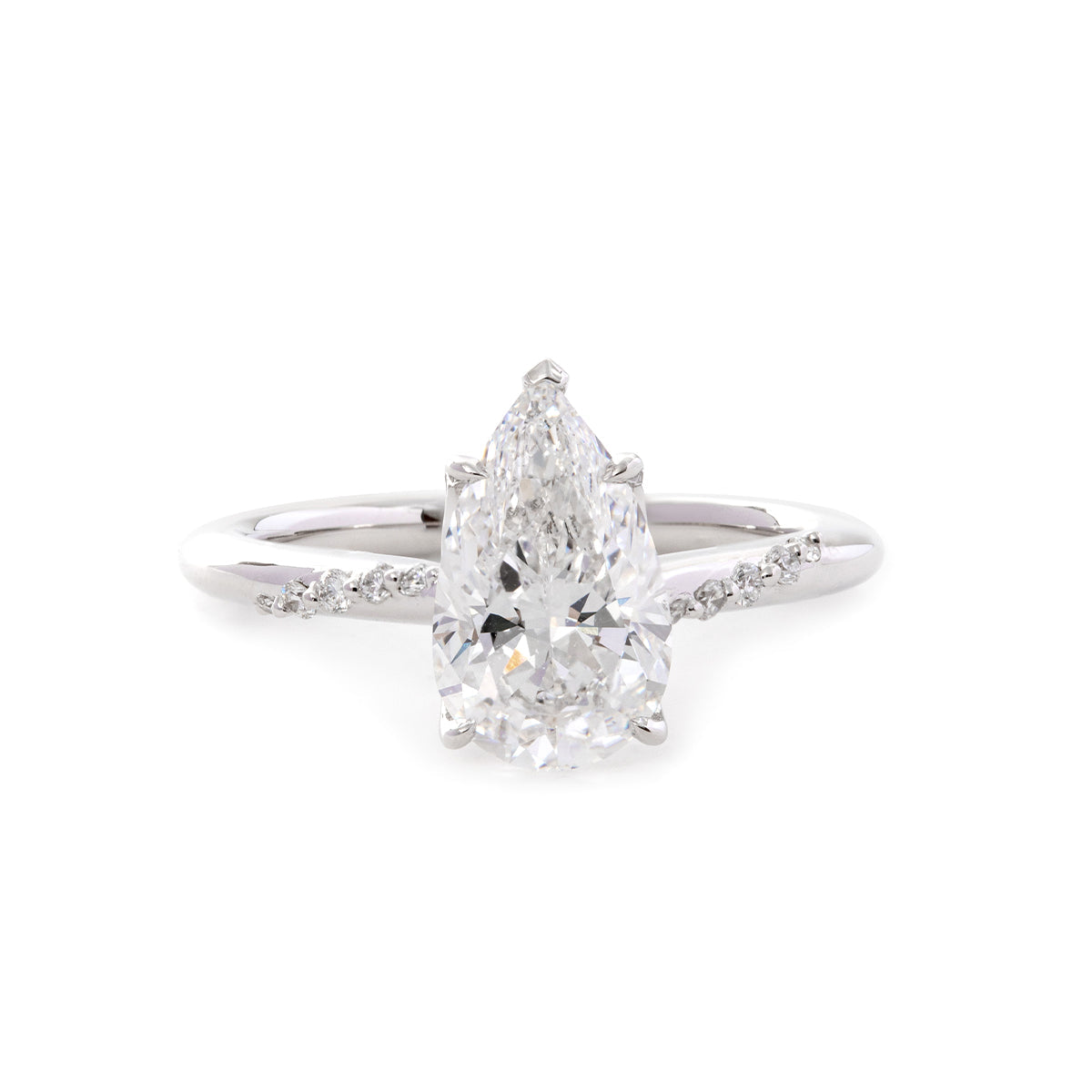 14K White Gold 2ct Pear Cut Lab Diamond Ring with Twist Pave Band and Floral Basket Head Design