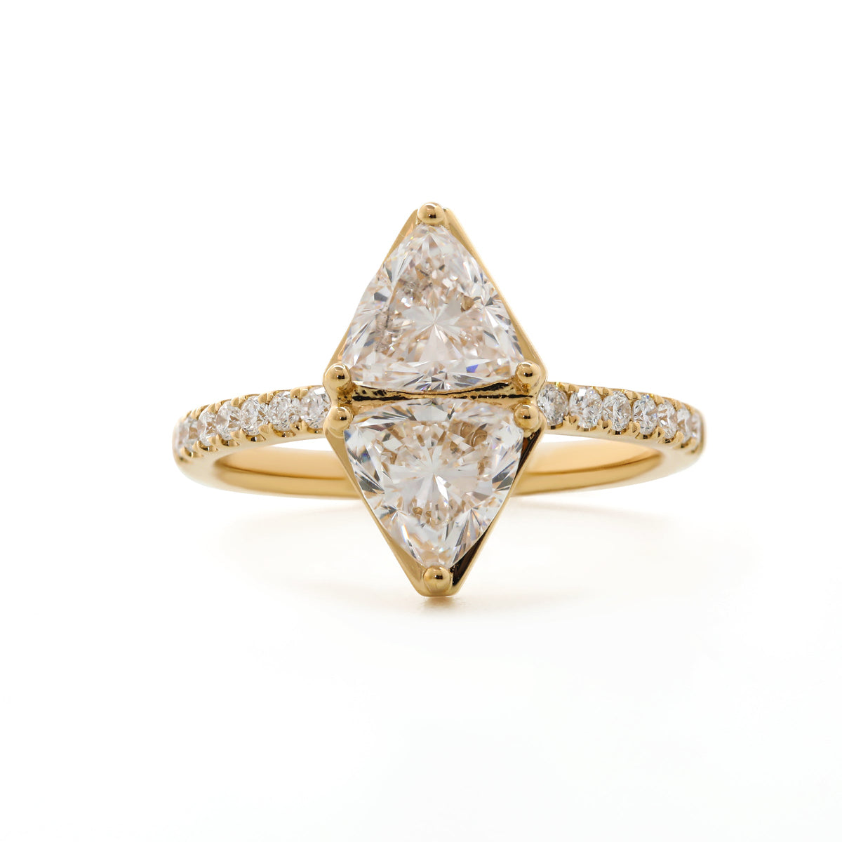 7mm Trillion Cut Lab Diamond Toi et Moi Ring with Half Eternity Pave