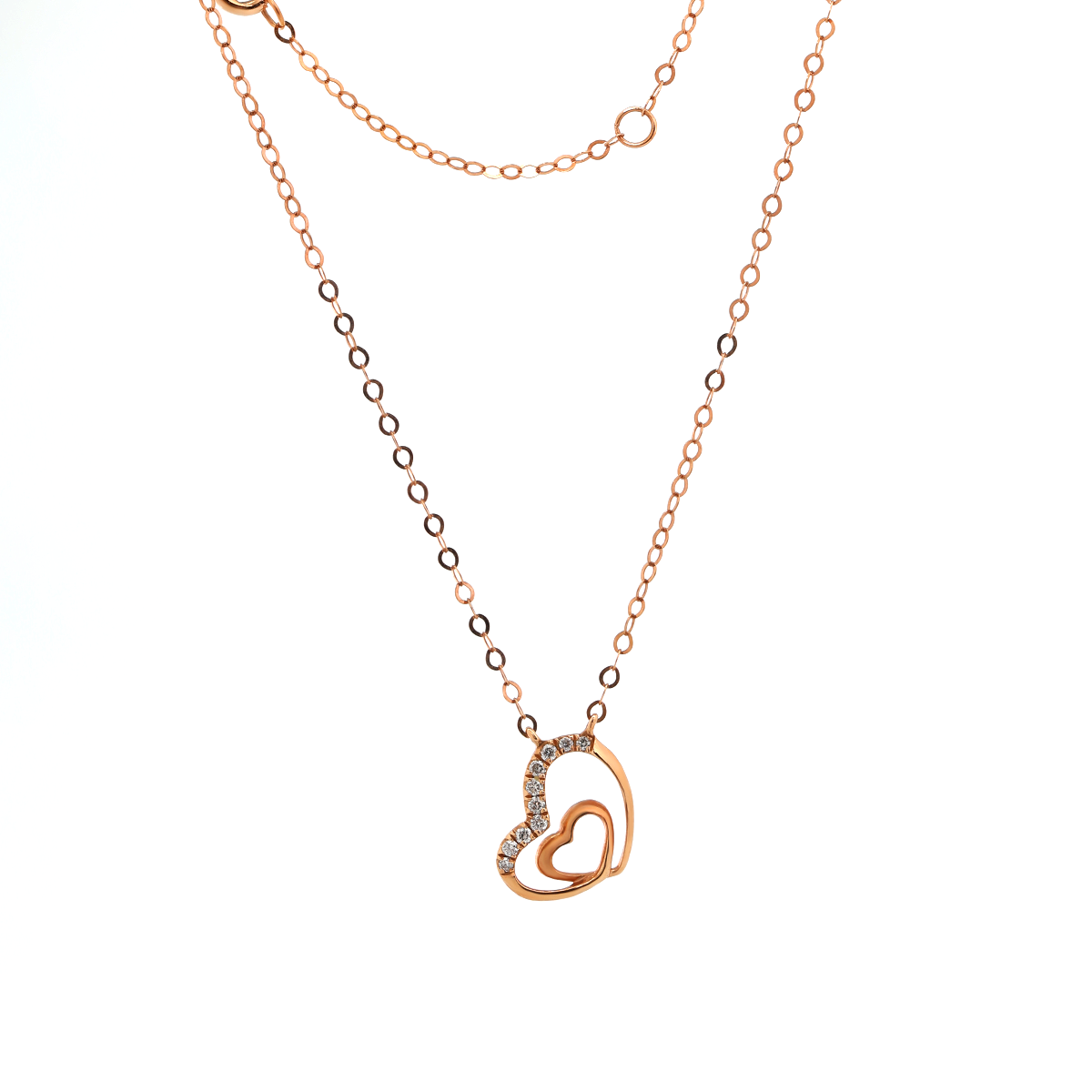 14K Rose Gold Round Lab Dimaond Pave Toi et Moi Heart Shape Pendant Necklace