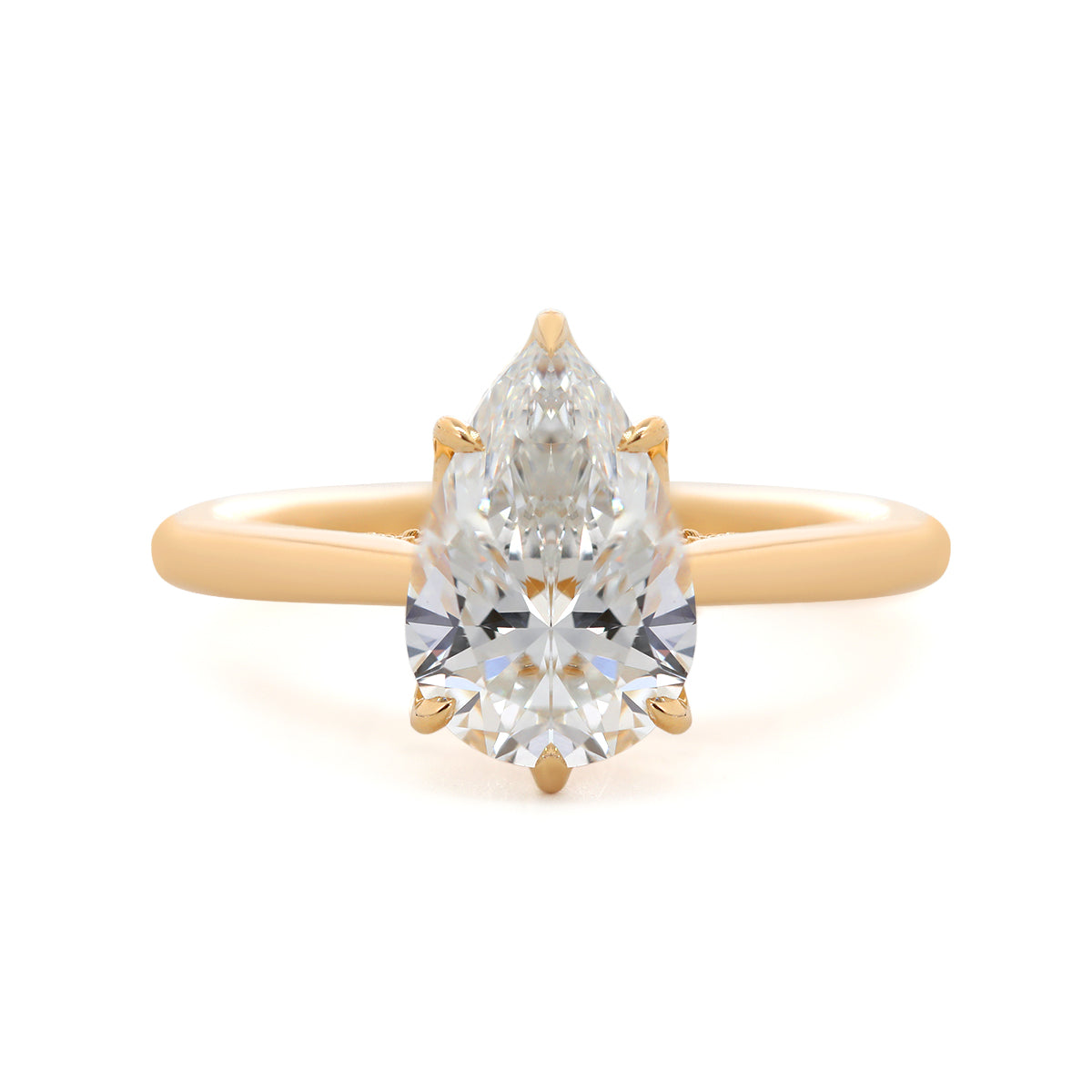 14K Yellow Gold 2ct Pear Cut Lab Diamond 6 Claw Prongs Floral Basket Ring with Hidden Round Diamond Millegrain Pave