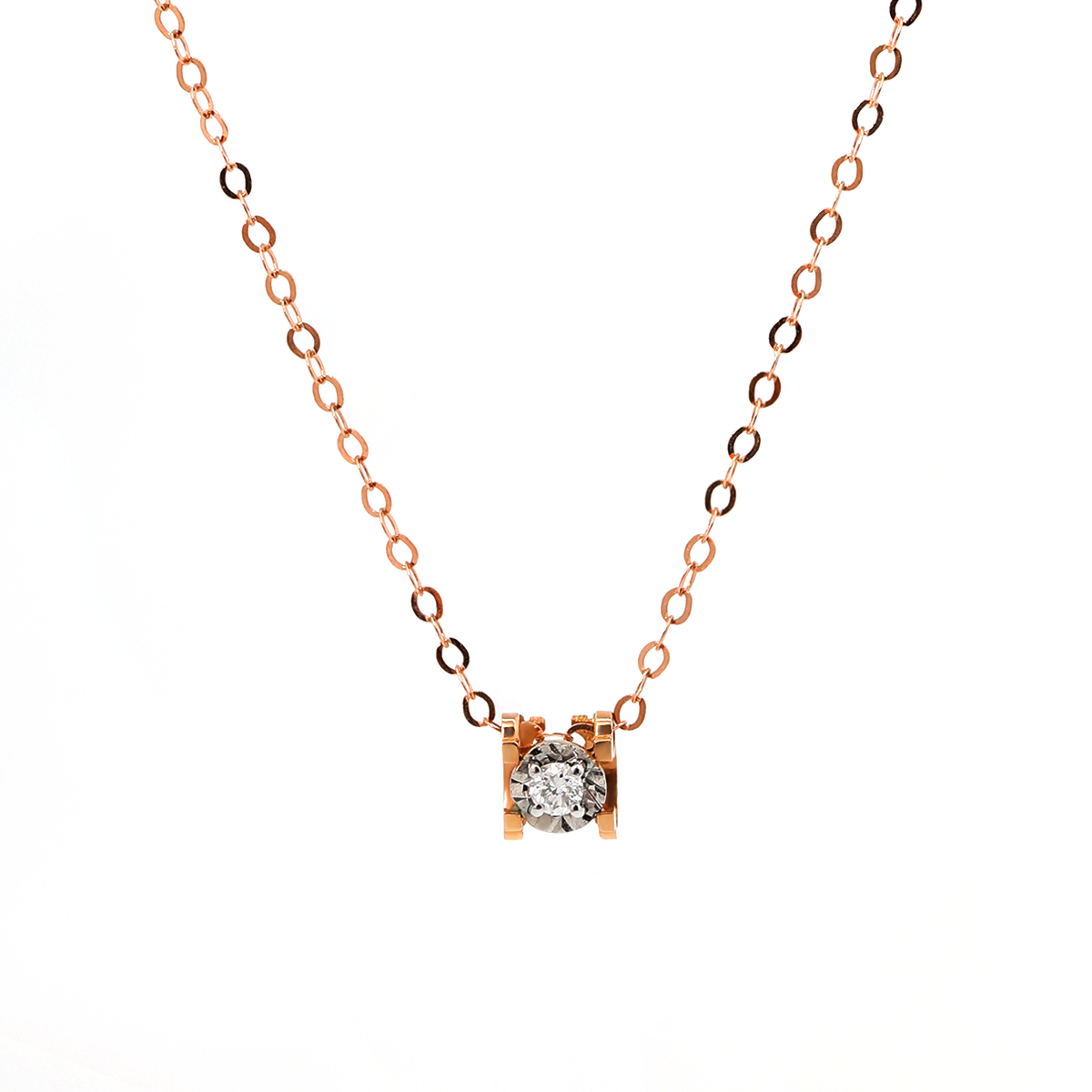 14K Rose Gold U Shape Pendant Necklace with Round Lab Diamond in A Diamond-Cut Texture Halo