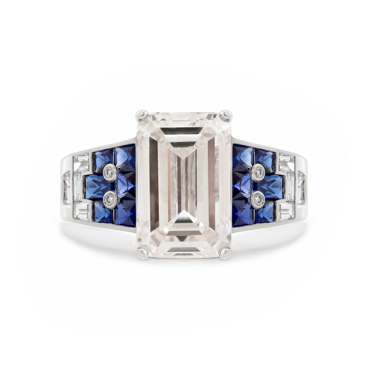 Platinum 5.5ct Emerald Cut Lab Diamond Vintage Ring with Lab Sapphire and Baguette Lab Diamond Side-Stones