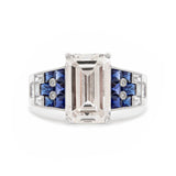 Platinum 5.5ct Emerald Cut Lab Diamond Vintage Ring with Lab Sapphire and Baguette Lab Diamond Side-Stones