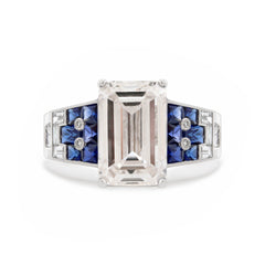 Platinum 5.5ct Emerald Cut Lab Diamond Vintage Ring with Lab Sapphire and Baguette Lab Diamond Side-Stones