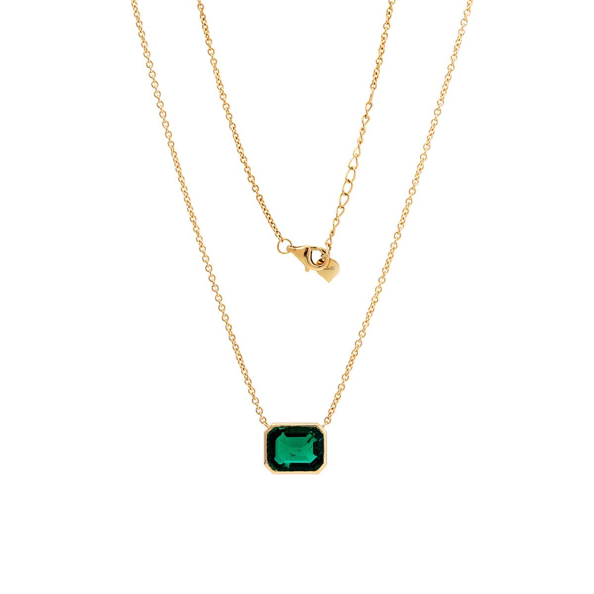 14K Yellow Gold 3ct Emerald Cut Lab Emerald Bezel Pendant Necklace