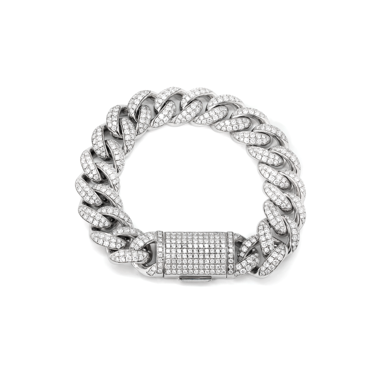 14K White Gold Men' s Iced Out Cuban Link Bracelet with Round Lab Diamond