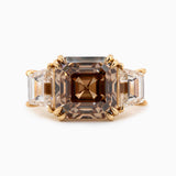 14K Yellow Gold 7.01ct Asscher Cut Brown Lab Diamond Double Claw Prongs Three-stone Ring with Two Trapezoid Step Cut Diamonds