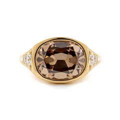 18K Yellow Gold Vintage Ring with 4.51ct Elongated Old Mine Cut Brown Lab Diamond and Old European Side Stones