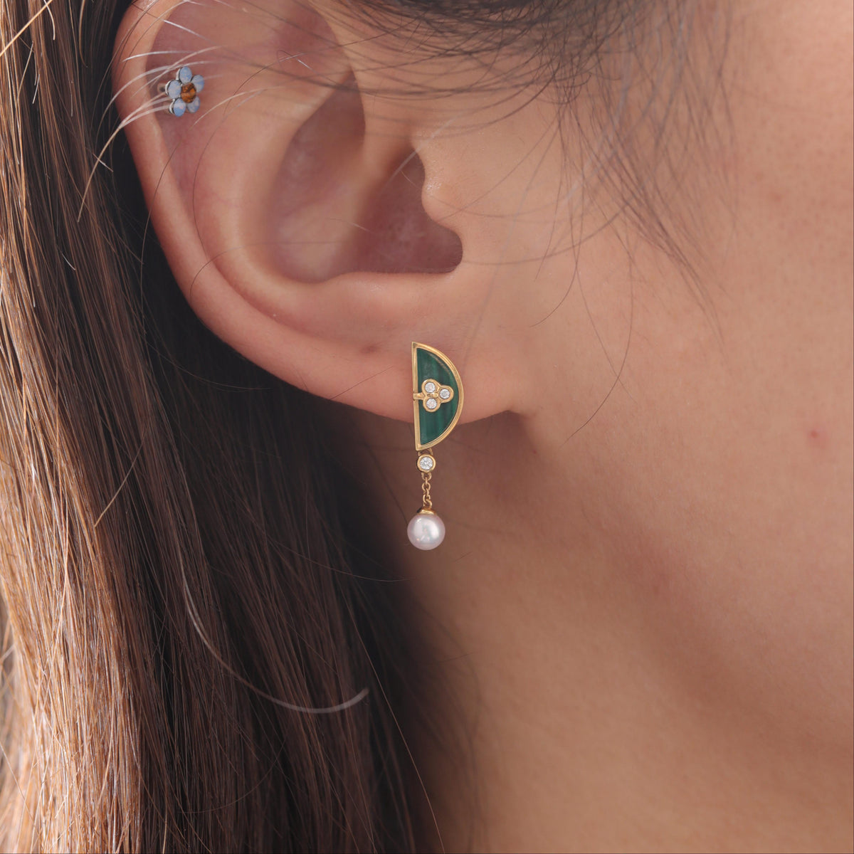 18K Yellow Gold Malachite and Freshwater Pearl Drop Earrings