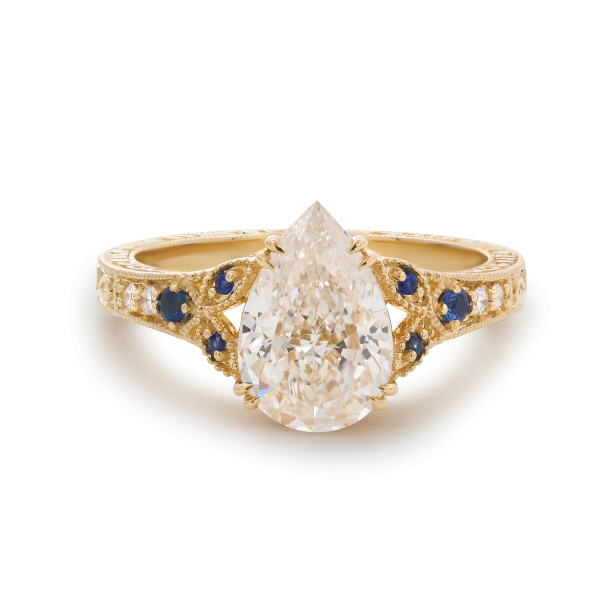 14K Yellow Gold 2.5ct Pear Lab Diamond with Round Lab Diamond and Lab Sapphire Side-stone Millegrain Floral Engraving Ring-Art Nouveau Nature-Inspired