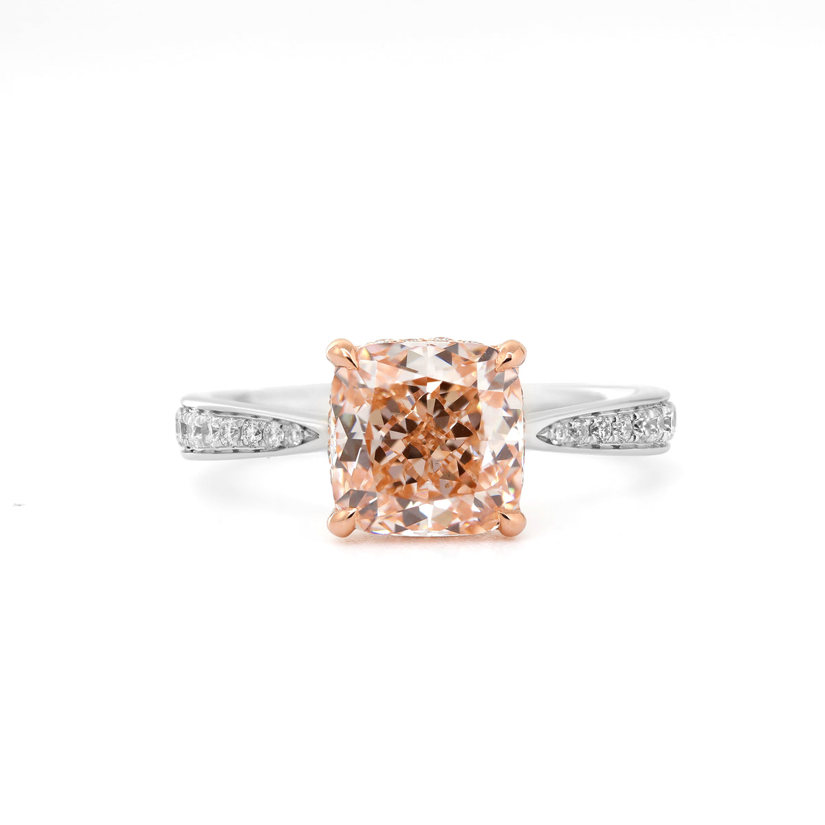 2.19ct Cushion Cut Lab Pink Diamond 4 Claw Prongs Basket Engagement Pave Ring with Hidden Halo