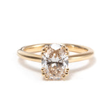 14K Yellow Gold Oval Cut Lab Diamond Pink Corundum Hidden Halo Ring with Triple Prong and Cathedral Setting