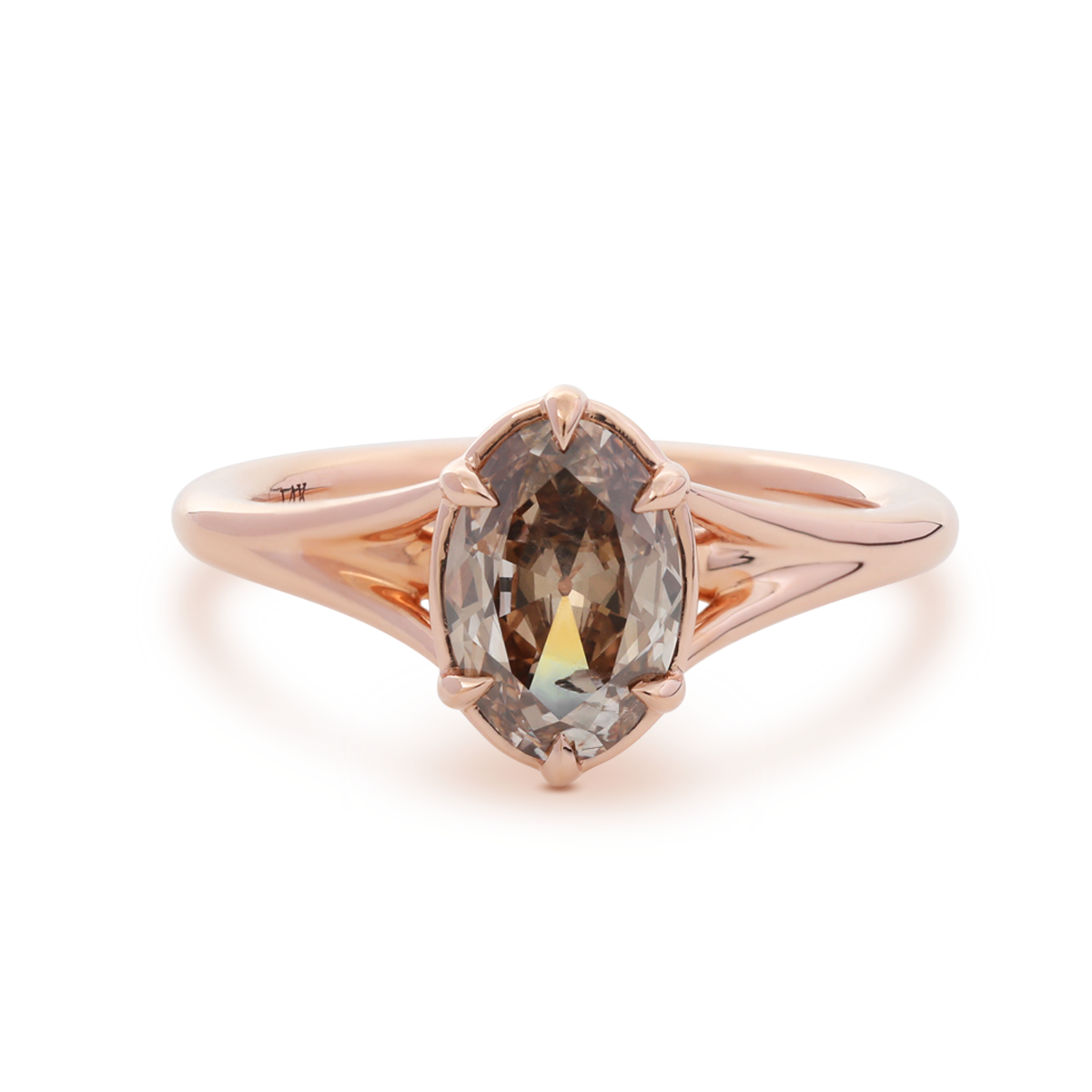 14K Rose Gold 1ct Oval Old Mine Cut Brown Lab Diamond 6 Claw Prong Cathedral Setting Solitaire Ring