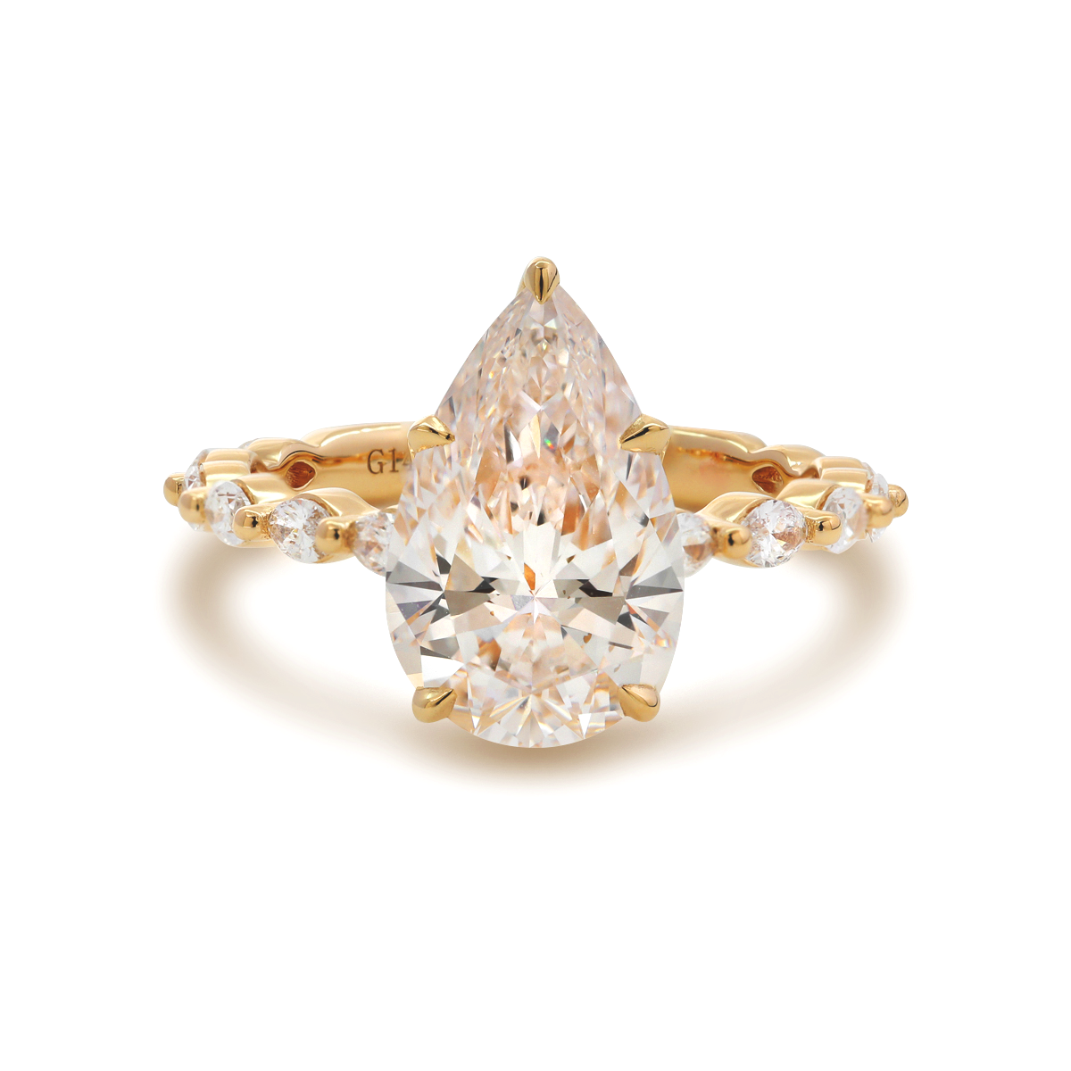 14K Yellow Gold 3ct Pear Cut Lab Diamond 5 Claw Prongs Floral Basket Engagement Ring with Marquise Cut and Round Cut Diamond Side-stones