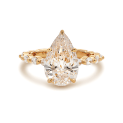 14K Yellow Gold 3ct Pear Cut Lab Diamond 5 Claw Prongs Floral Basket Engagement Ring with Marquise Cut and Round Cut Diamond Side-stones