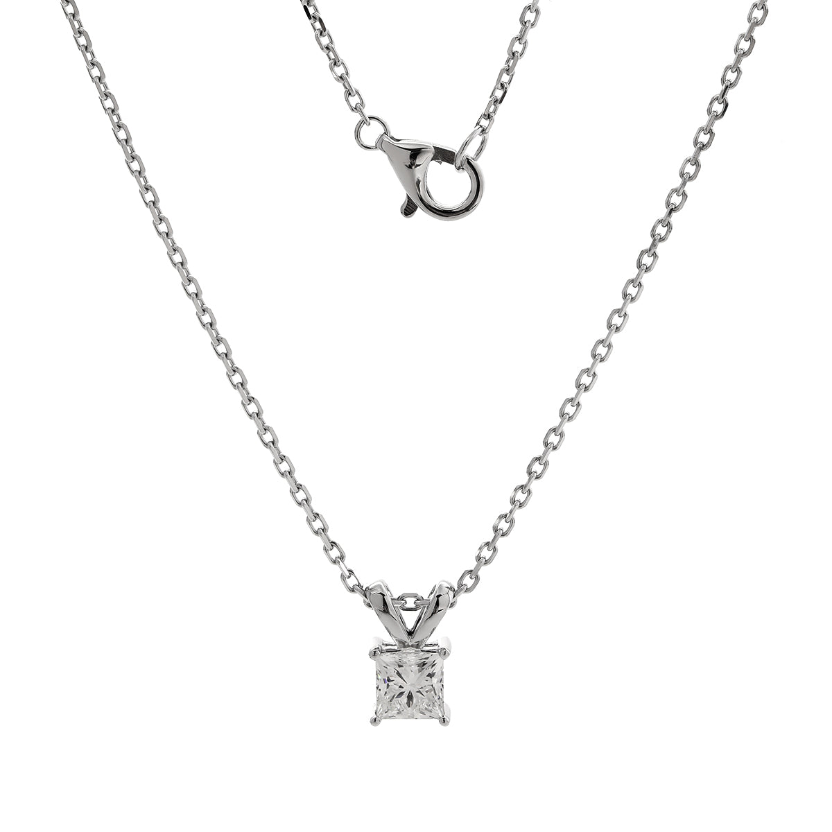 14K White Gold Princess Cut Lab diamond 4 Prong Basket Pendant Necklace