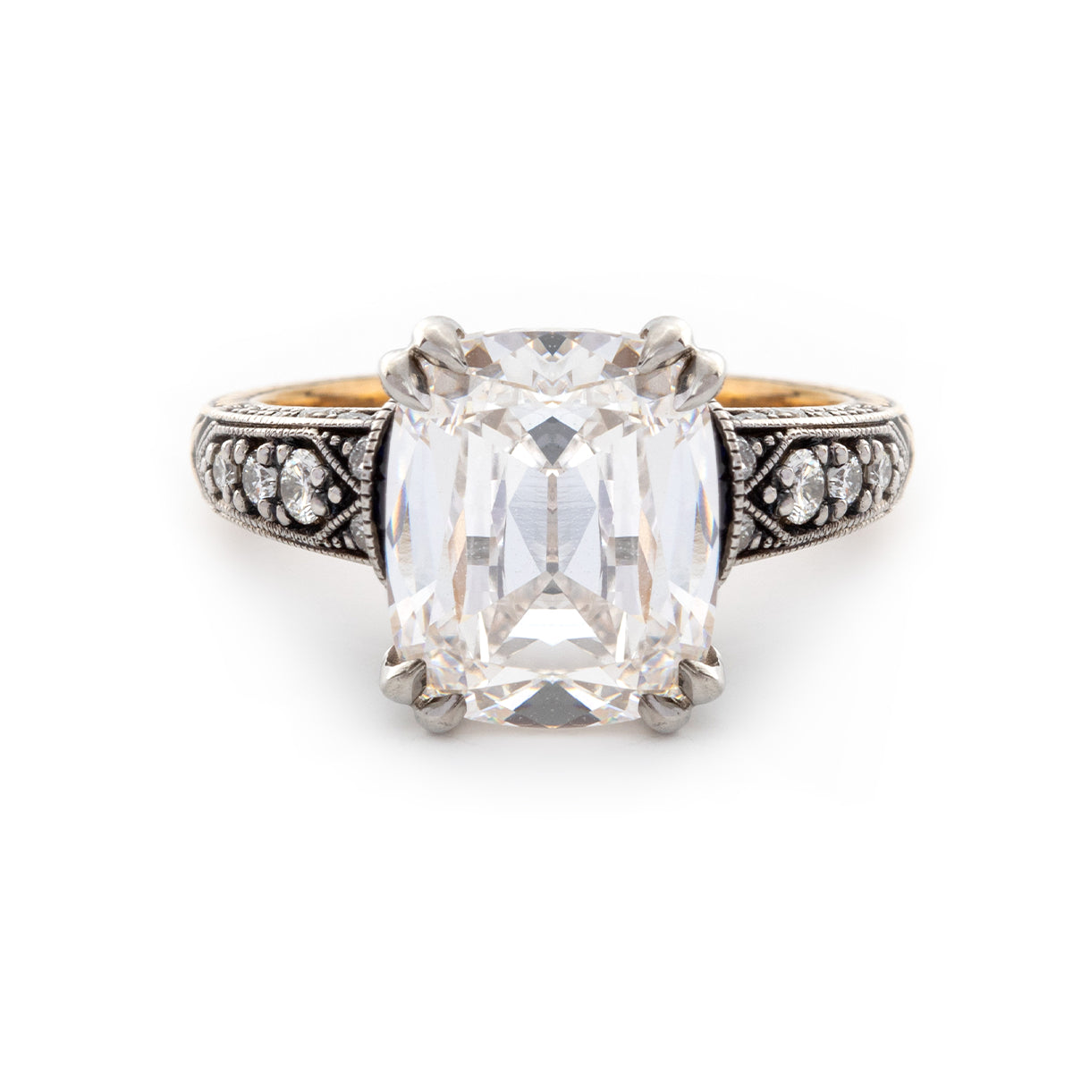 18K Gold 4.5ct Elongated Old Mine Cut Lab Diamond Antique-inspired Ring with Princess Cut Lab Sapphire & Round Cut Lab Diamond Side-stone