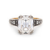 18K Gold 4.5ct Elongated Old Mine Cut Lab Diamond Antique-inspired Ring with Princess Cut Lab Sapphire & Round Cut Lab Diamond Side-stone