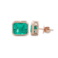 Columbian Lab Emerald Bezel Basket Stud Earrings