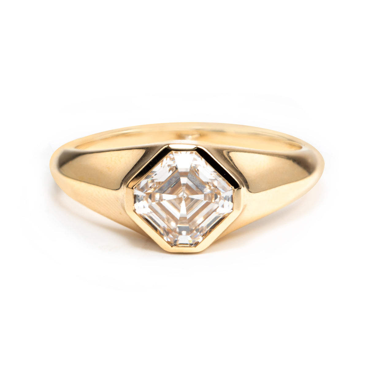 14k Yellow Gold 1.5ct Asscher Cut Lab Diamond Bezel Ring with Knife Edge Tapered Band Design