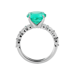 18K White Gold 2.5ct Round Colombian Lab Emerald 4 Calw Prong Ring with 8 Round Lab Diamond Side-stones
