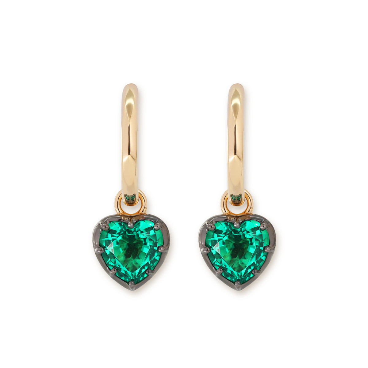 14K Yellow Gold Heart Cut Colombian Lab Emerald Bezel Setting Hoop Earrings with Black Rhodium Plated