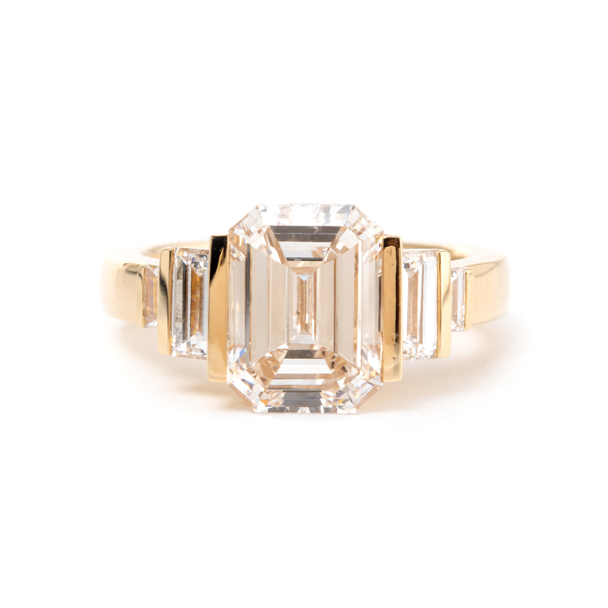 18K Yellow Gold 3ct Emerald Cut Lab Diamond Half Bezel Five-stone Ring with Baguette Cut Side Stones