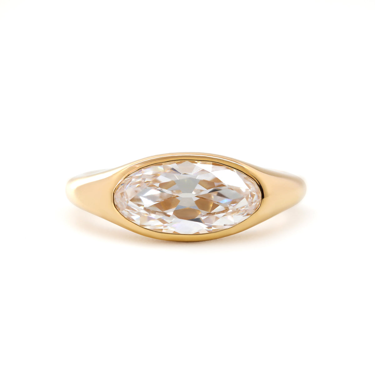 14K Yellow Gold 2ct Elongated Oval Old Mine Cut Lab Diamond Bezel Solitaire Ring