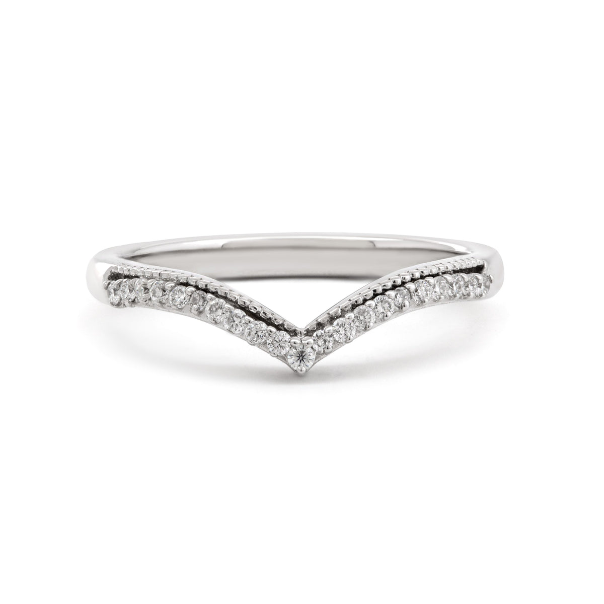 14K White Gold Round Lab Diamond V-shape Millegrain Wedding Ring