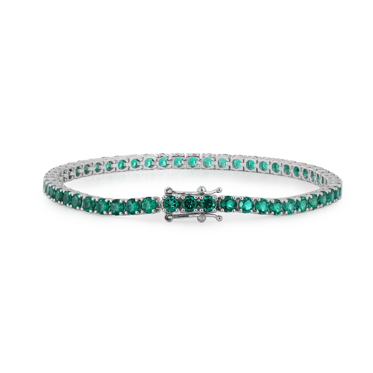 14K White Gold 5ct tw Round Zambian Lab Emerald 4 Prong Basket Tennis Bracelet