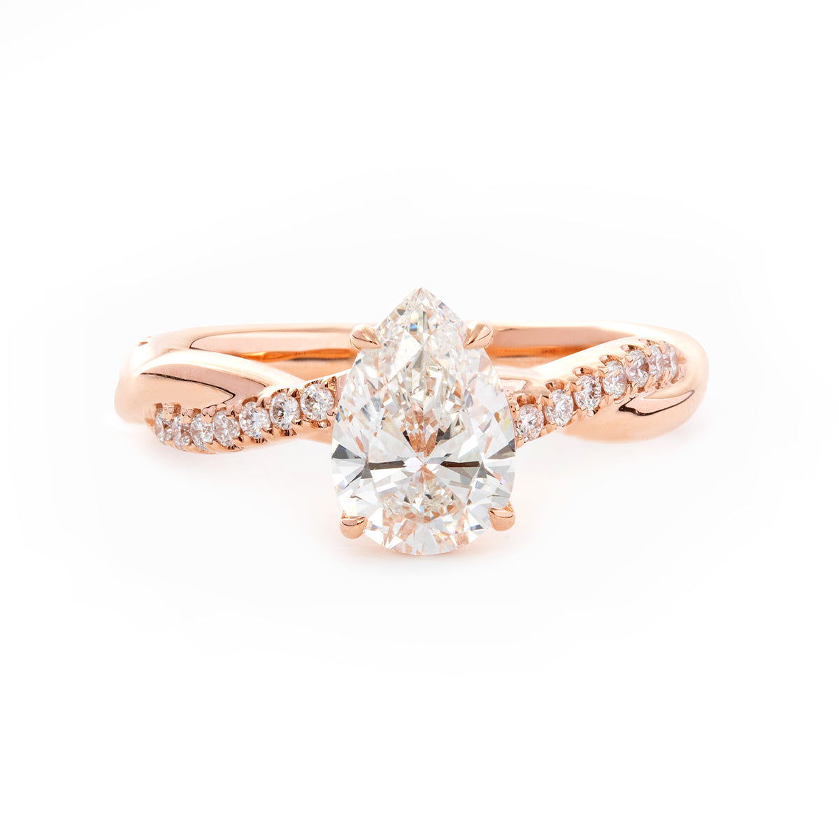 14K Rose Gold 1.5ct Pear Cut Lab Diamond Twist Pave Ring