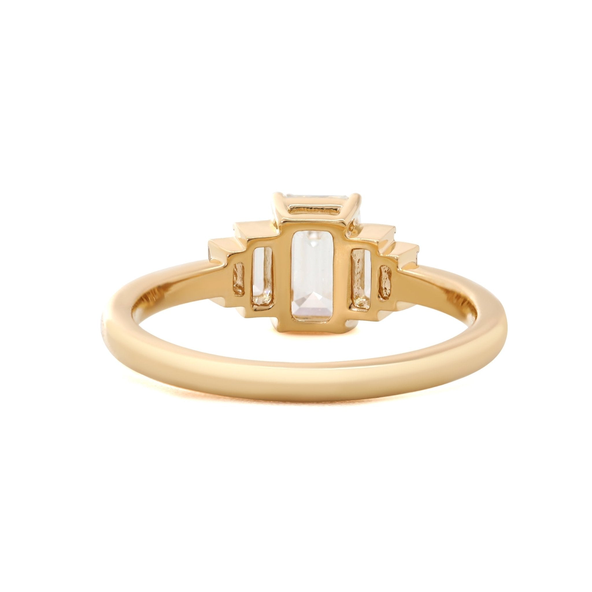1ct Emerald Cut Lab Diamond 4 Round Prong Basket Five - stone Ring with Half Bezel Baguette Cut Side Stones - MMR