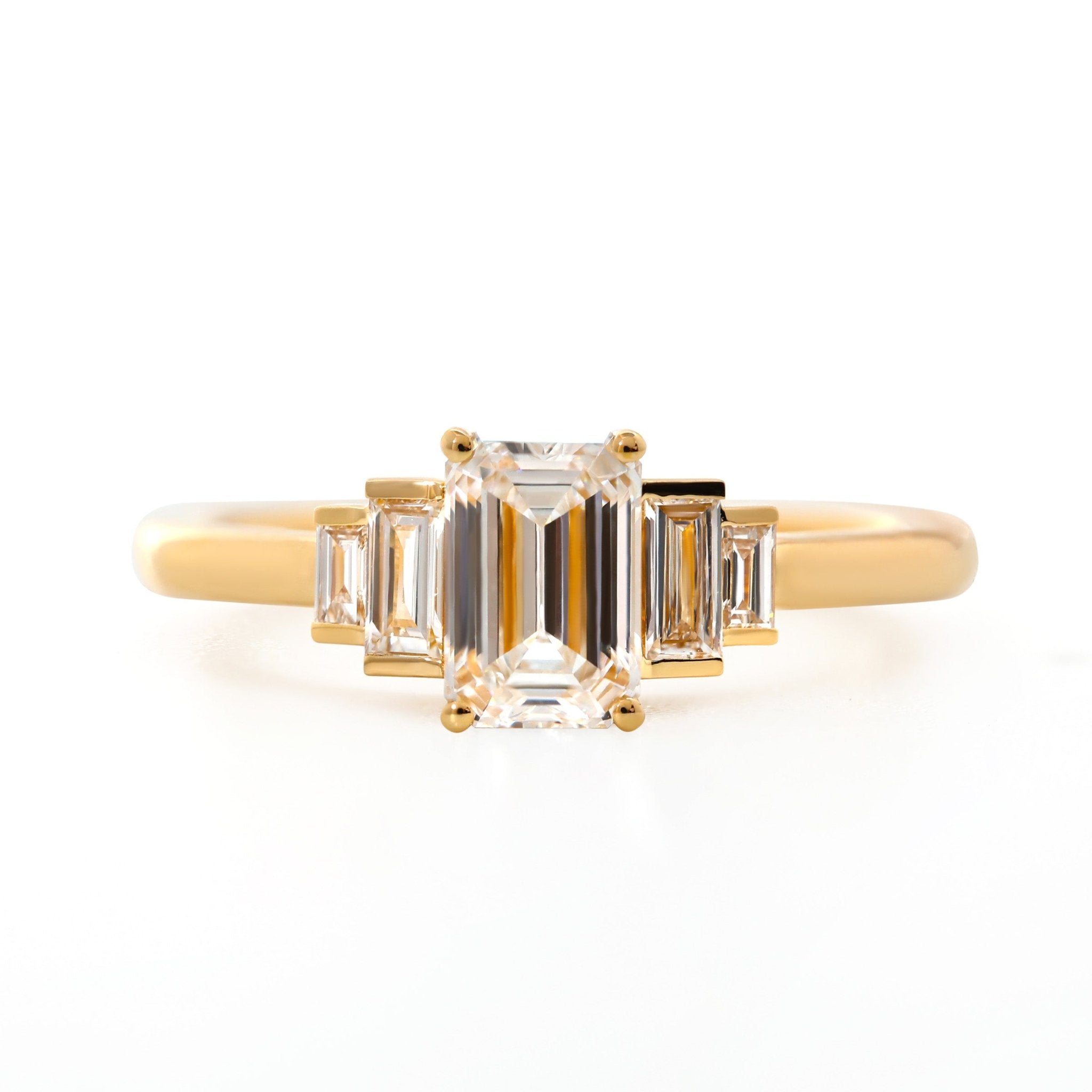 1ct Emerald Cut Lab Diamond 4 Round Prong Basket Five - stone Ring with Half Bezel Baguette Cut Side Stones - MMR
