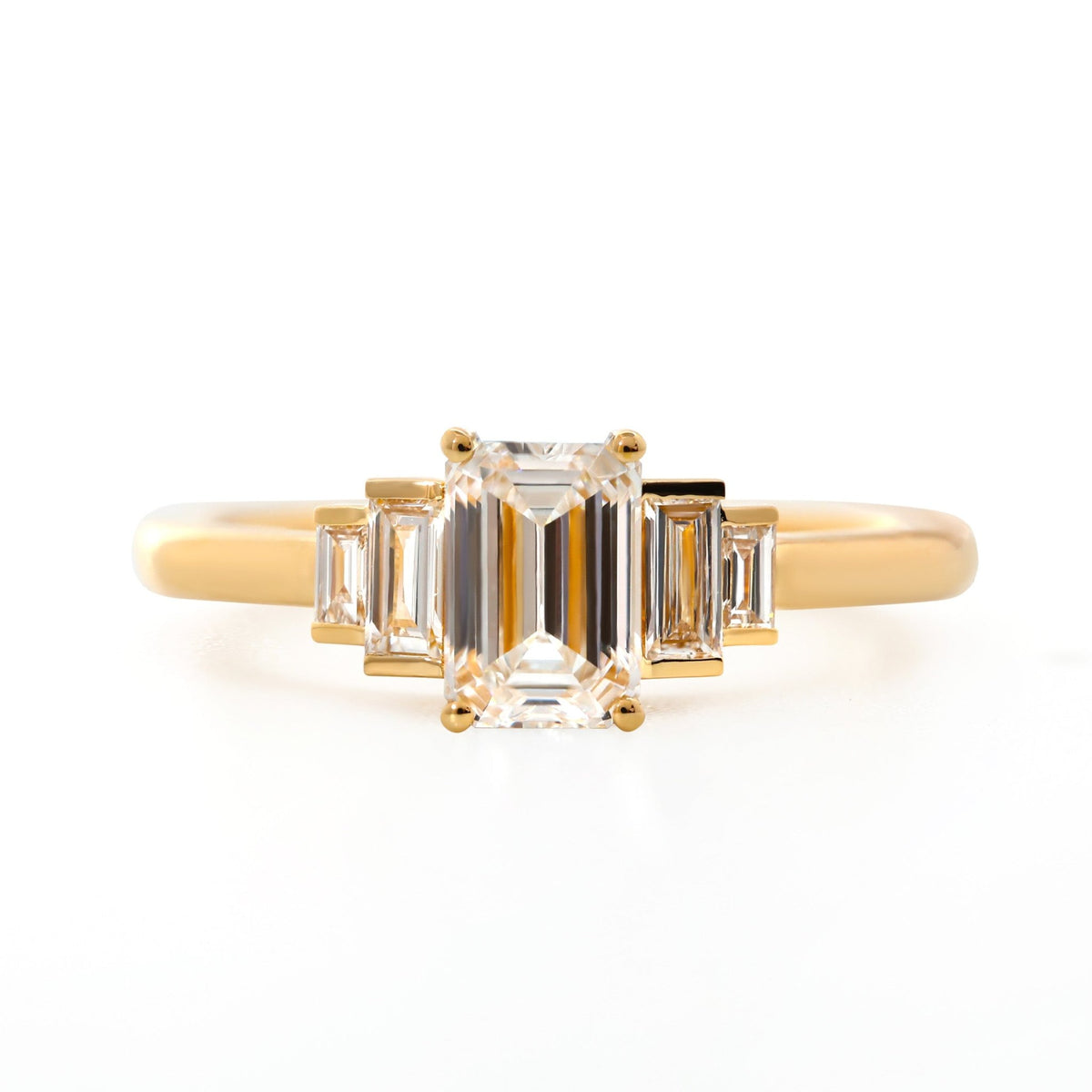 1ct Emerald Cut Lab Diamond 4 Round Prong Basket Five - stone Ring with Half Bezel Baguette Cut Side Stones - MMR