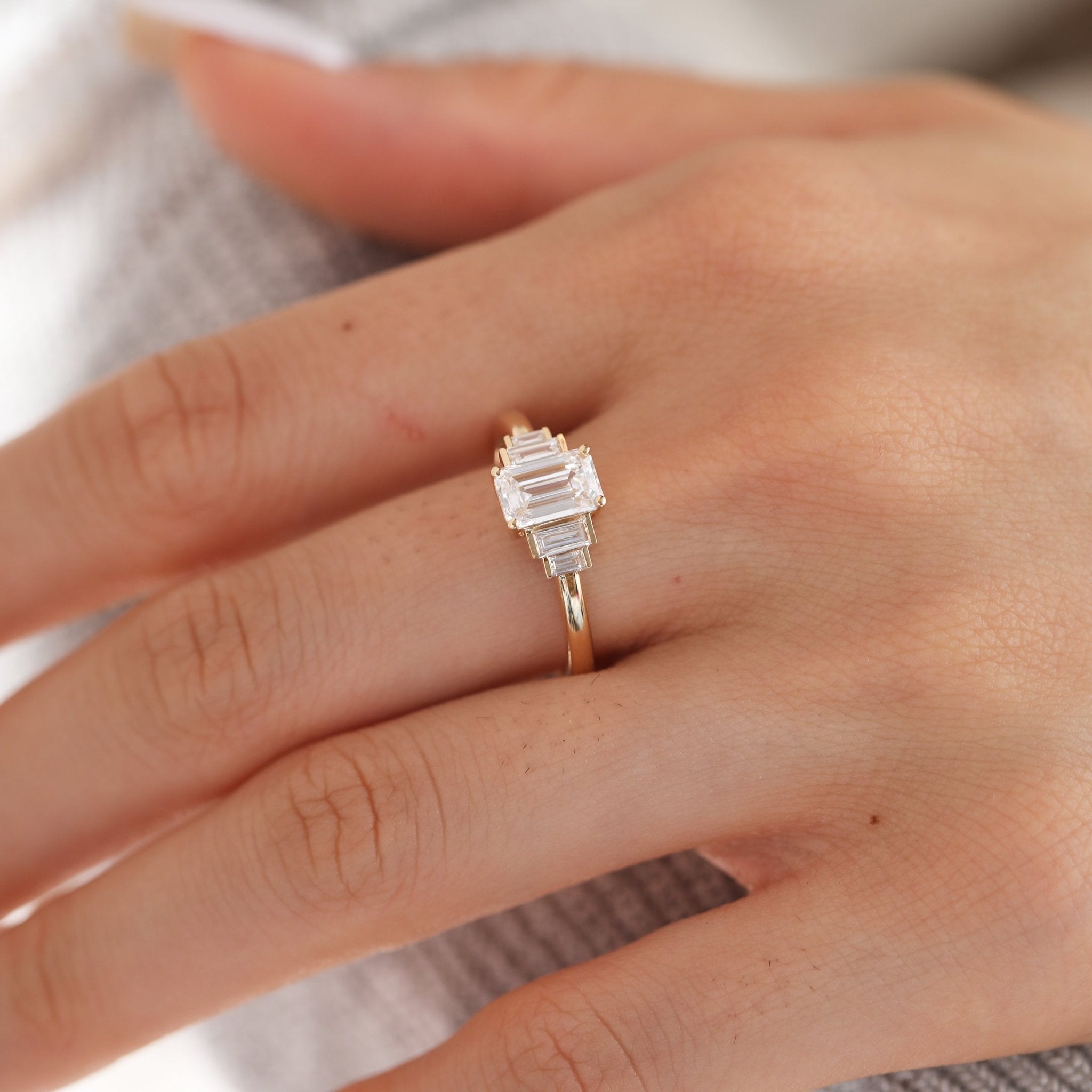 1ct Emerald Cut Lab Diamond 4 Round Prong Basket Five - stone Ring with Half Bezel Baguette Cut Side Stones - MMR