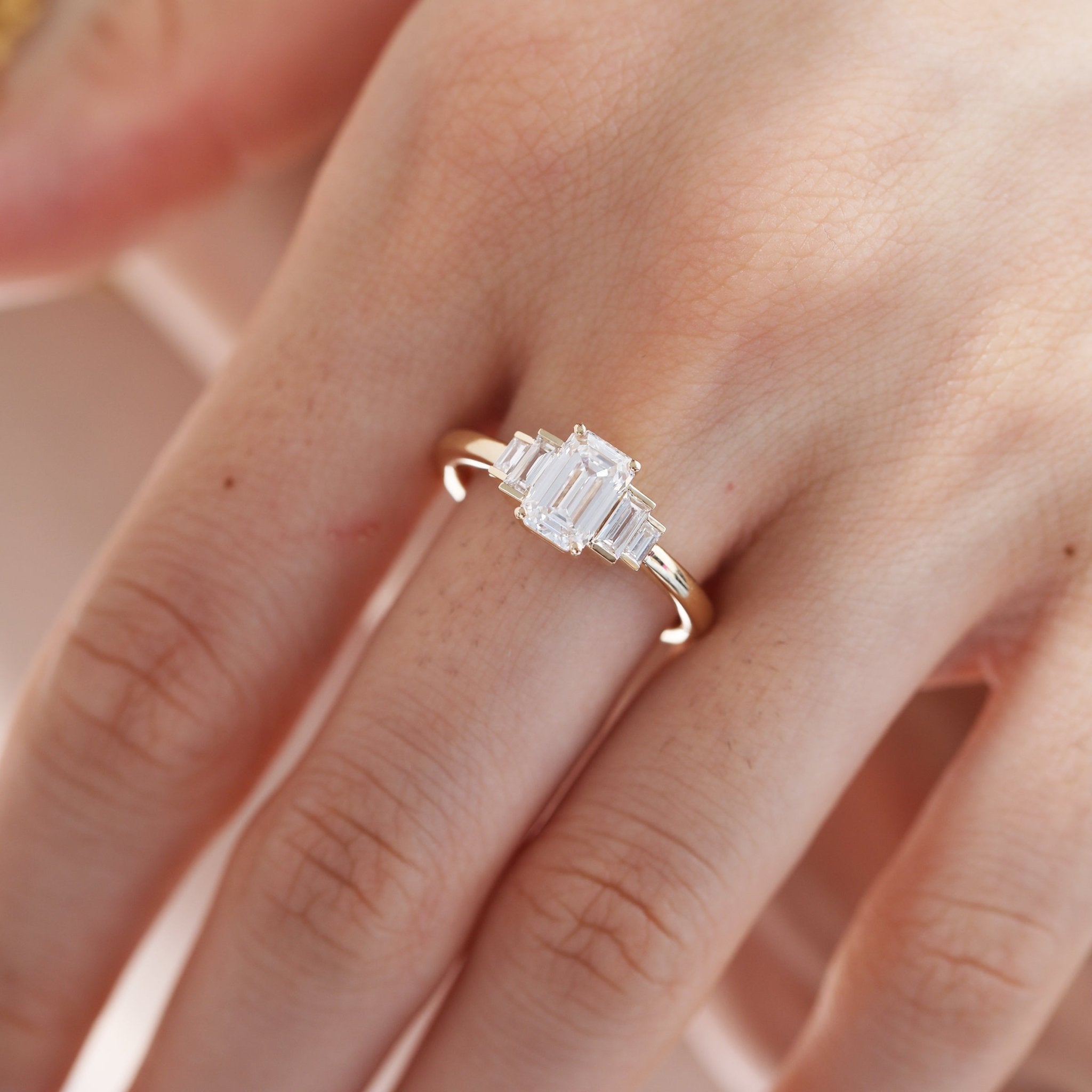 1ct Emerald Cut Lab Diamond 4 Round Prong Basket Five - stone Ring with Half Bezel Baguette Cut Side Stones - MMR