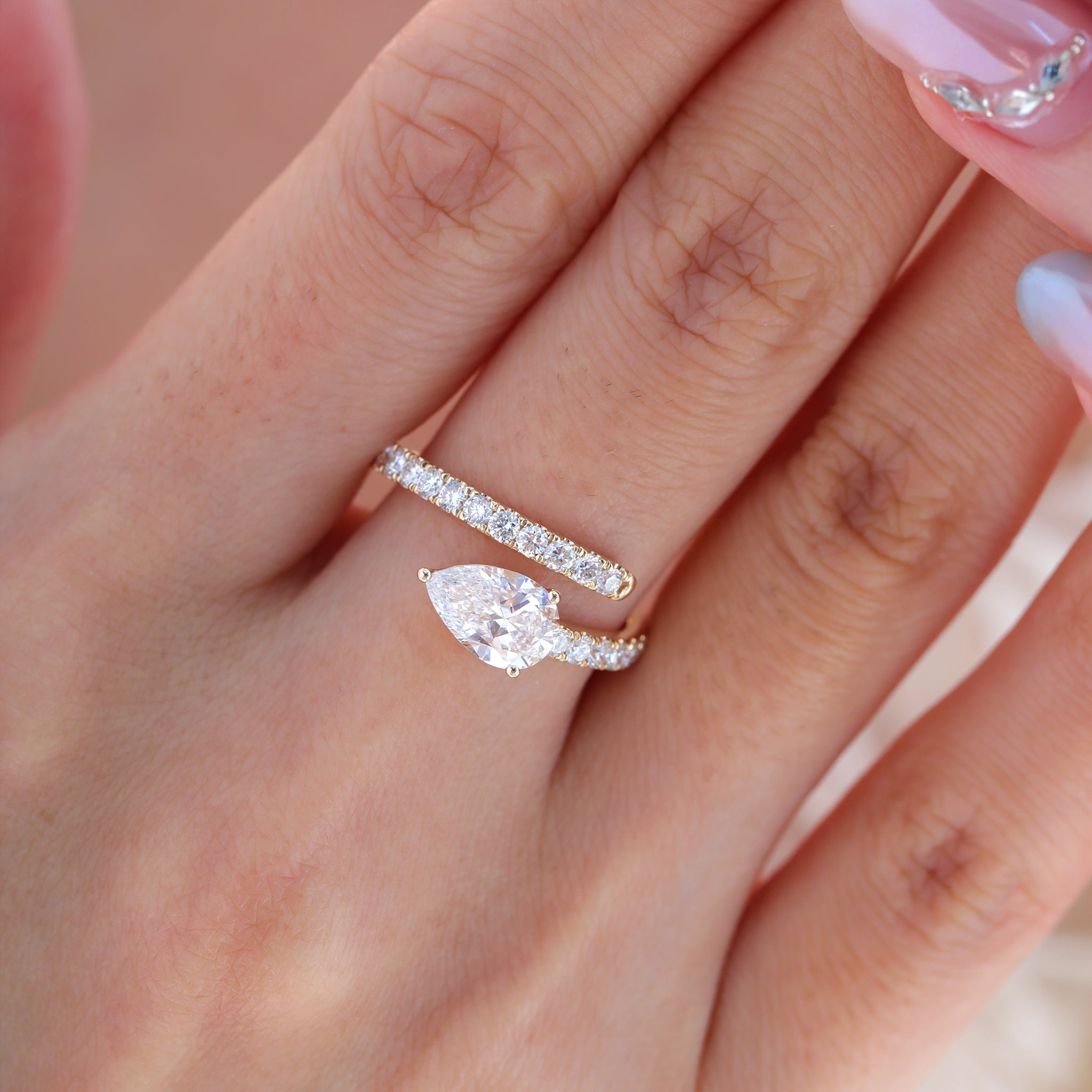 1CT Pear Shape Open Wrap Bypass Half Pavé Ring - MMR
