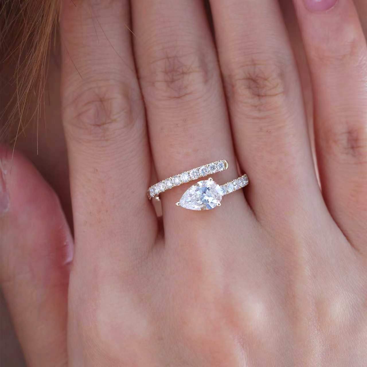 1CT Pear Shape Open Wrap Bypass Half Pavé Ring - MMR