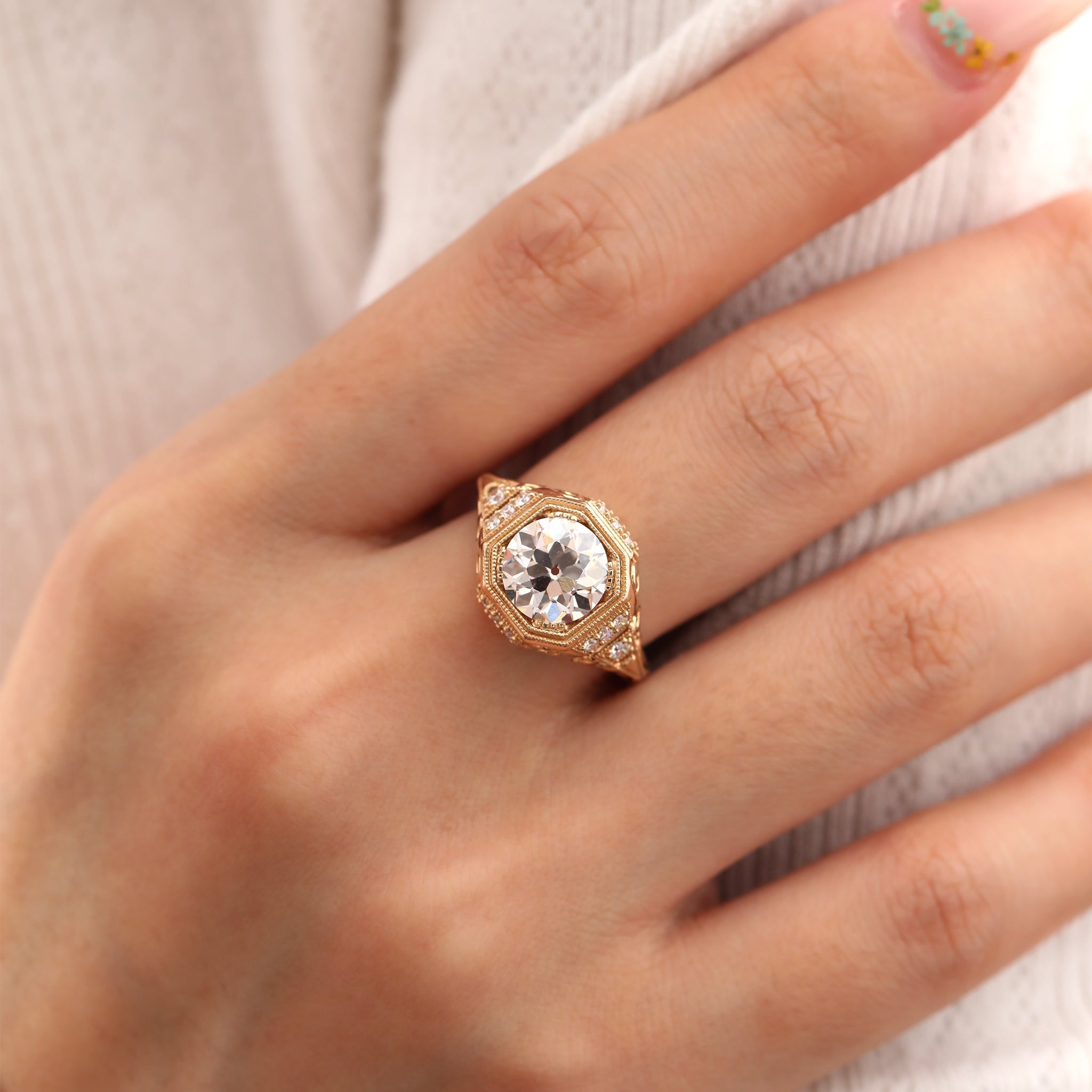 2.29CT Old European Cut Lab Diamond Art Deco Octagonal Bezel Ring - MMR
