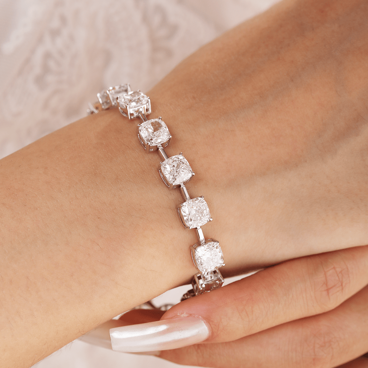 24 CT TW Cushion Cut Lab Diamond 4 - Claw Prong Basket Station Bracelet - MMR