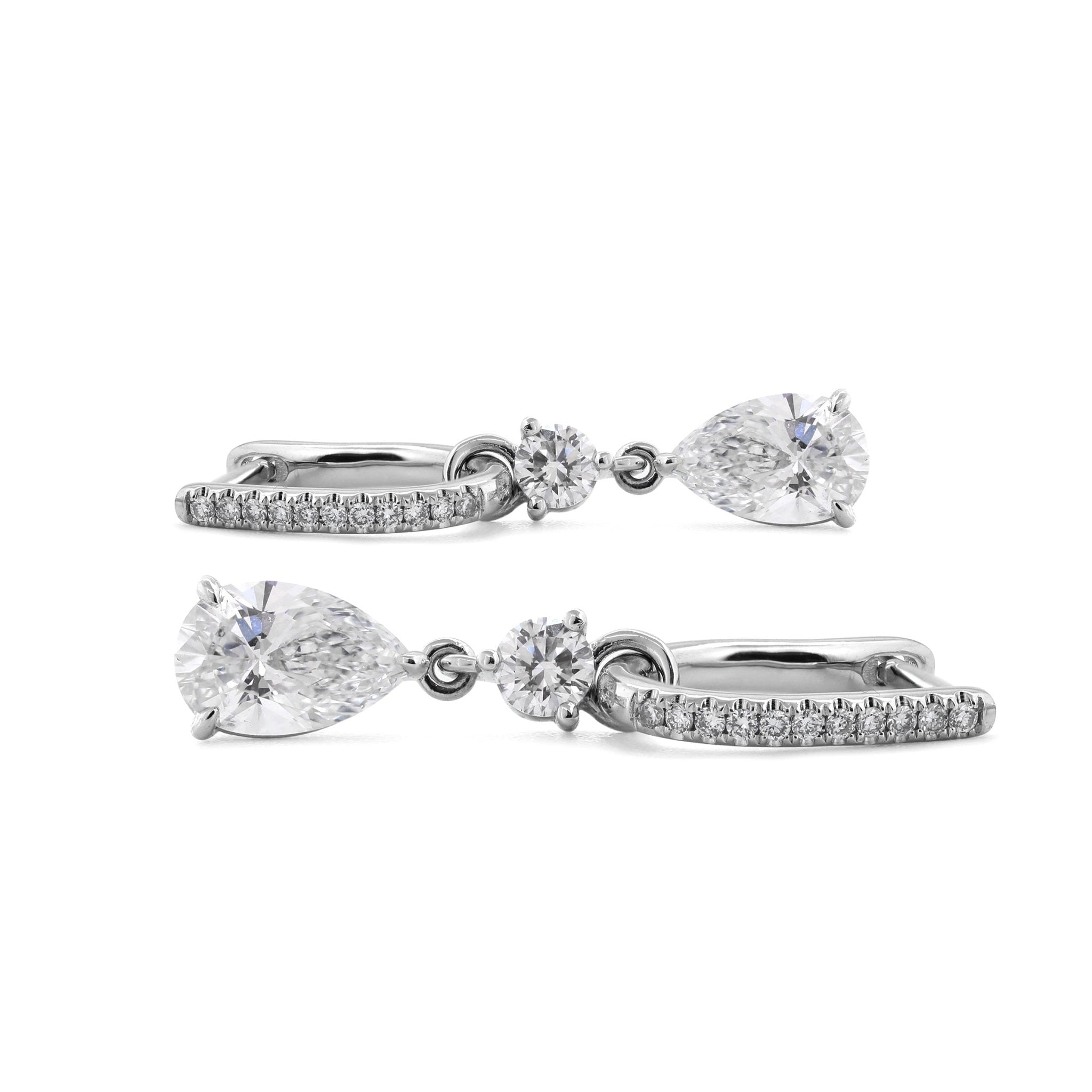 2.5 ct tw Pear Cut and Round Cut Lab Diamond Three Prong Basket Hoop Earrings - MMR