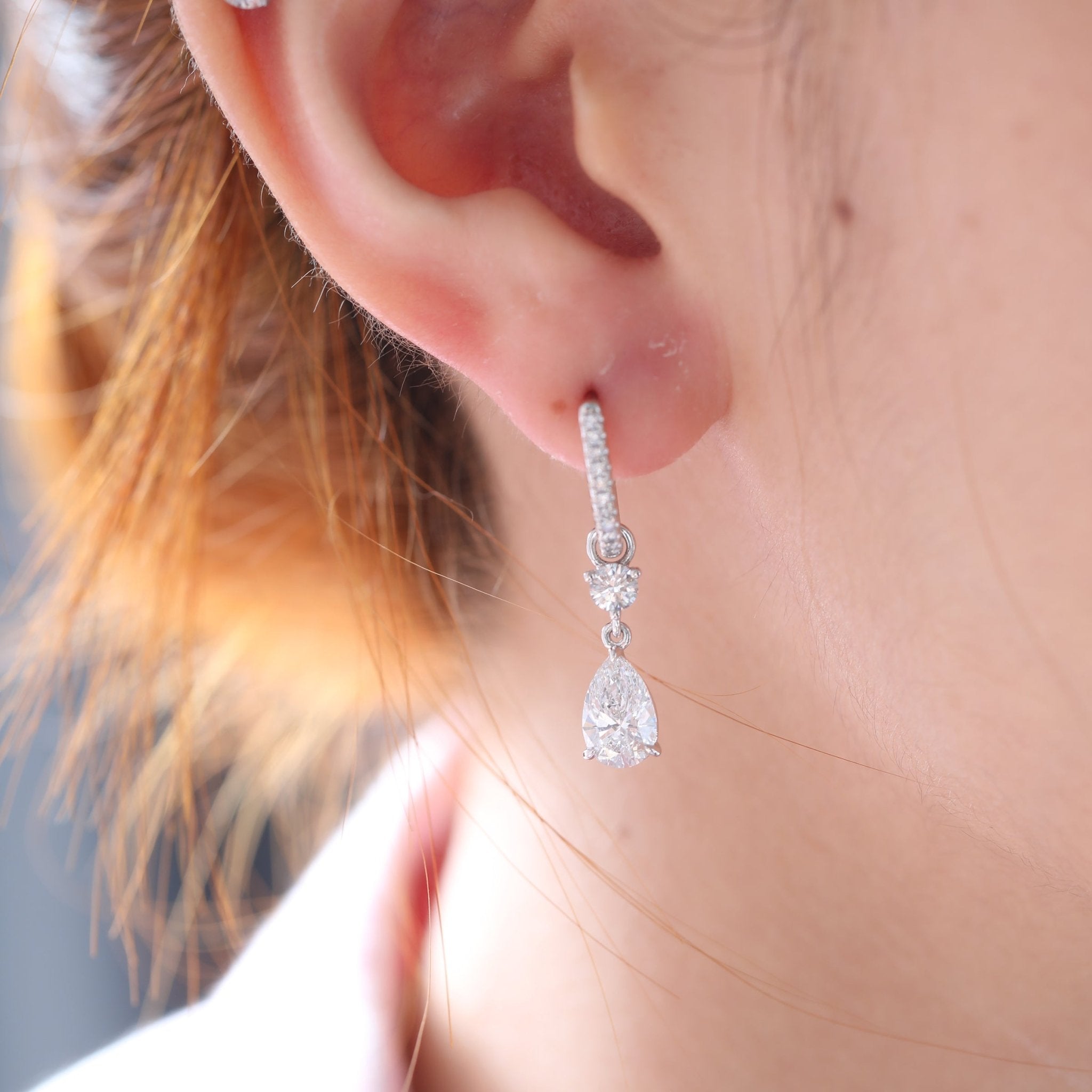 2.5 ct tw Pear Cut and Round Cut Lab Diamond Three Prong Basket Hoop Earrings - MMR