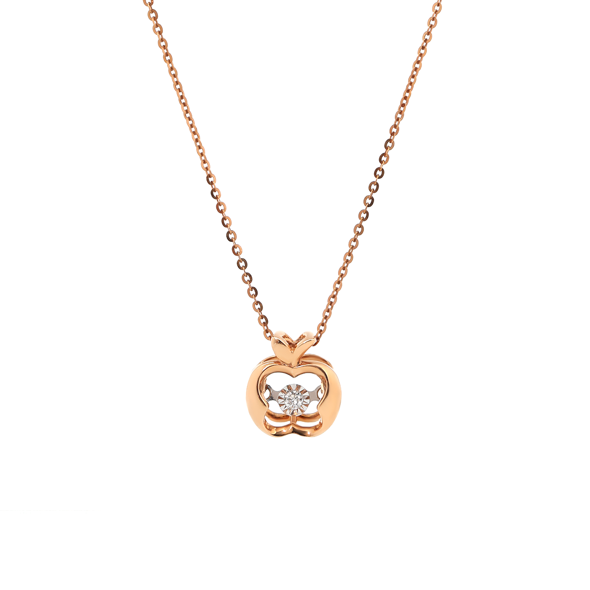 14K Rose Gold Round Lab Diamond Apple Pendant Necklace with Round Lab Diamond in A Diamond-Cut Texture Halo