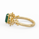 14K Yellow Gold 1ct Lab Emerald Art Nouveau Nature-Inspired Ring with Round Lab Diamond Side-stones