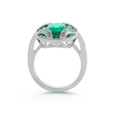 18K White Gold 2ct Cushion Lab Columbian Emerald Millegrain Invisible Setting Vintage Ring with Round Lab Diamond and Mixed Cut Lab Columbian Emerald Side-stones